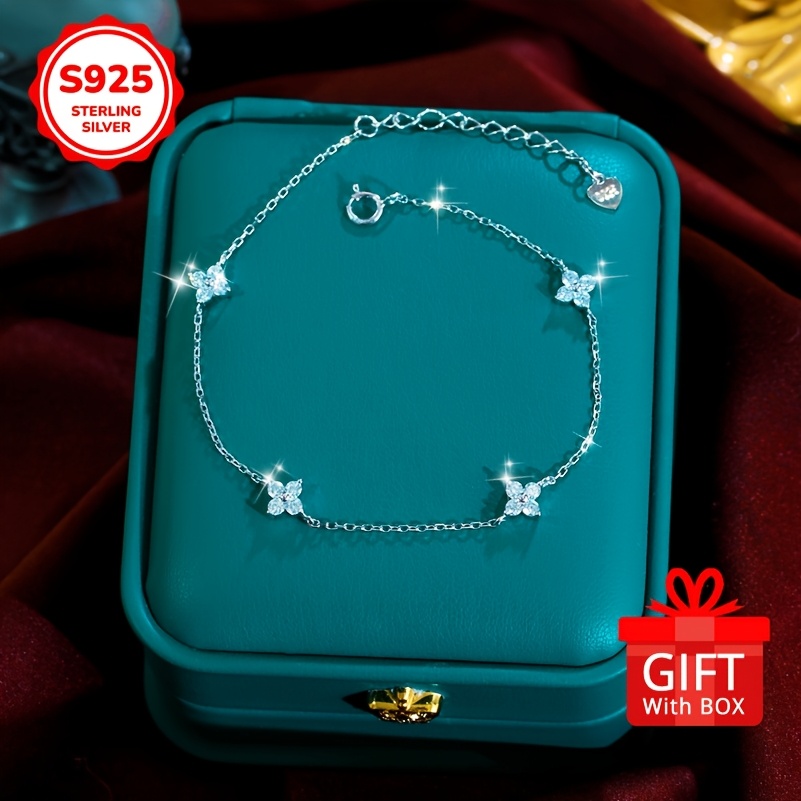 Four Leaf Clover 925 Silver Bracelet with Zirconia for Girlfriend